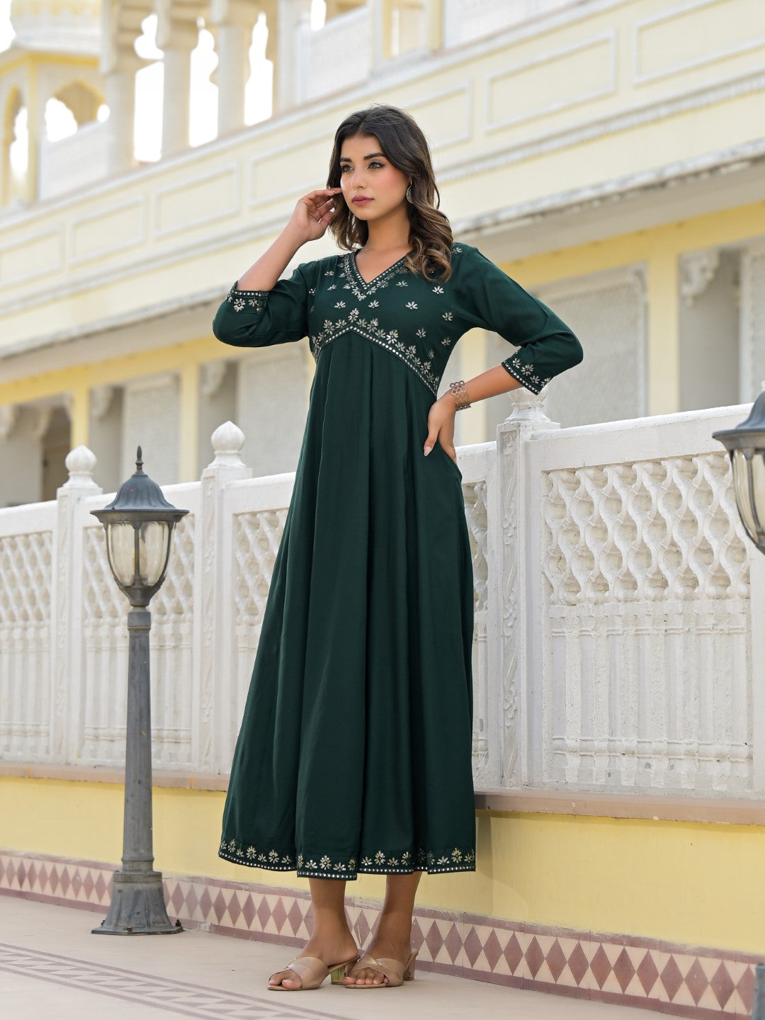 Juniper Women's Bottle Green Mirror Embroidered Liva Rayon Dress With Sequins - Distacart