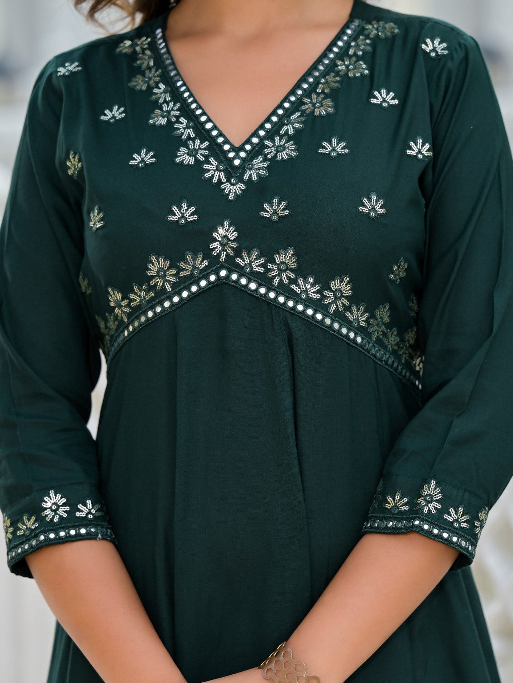 Juniper Women's Bottle Green Mirror Embroidered Liva Rayon Dress With Sequins - Distacart