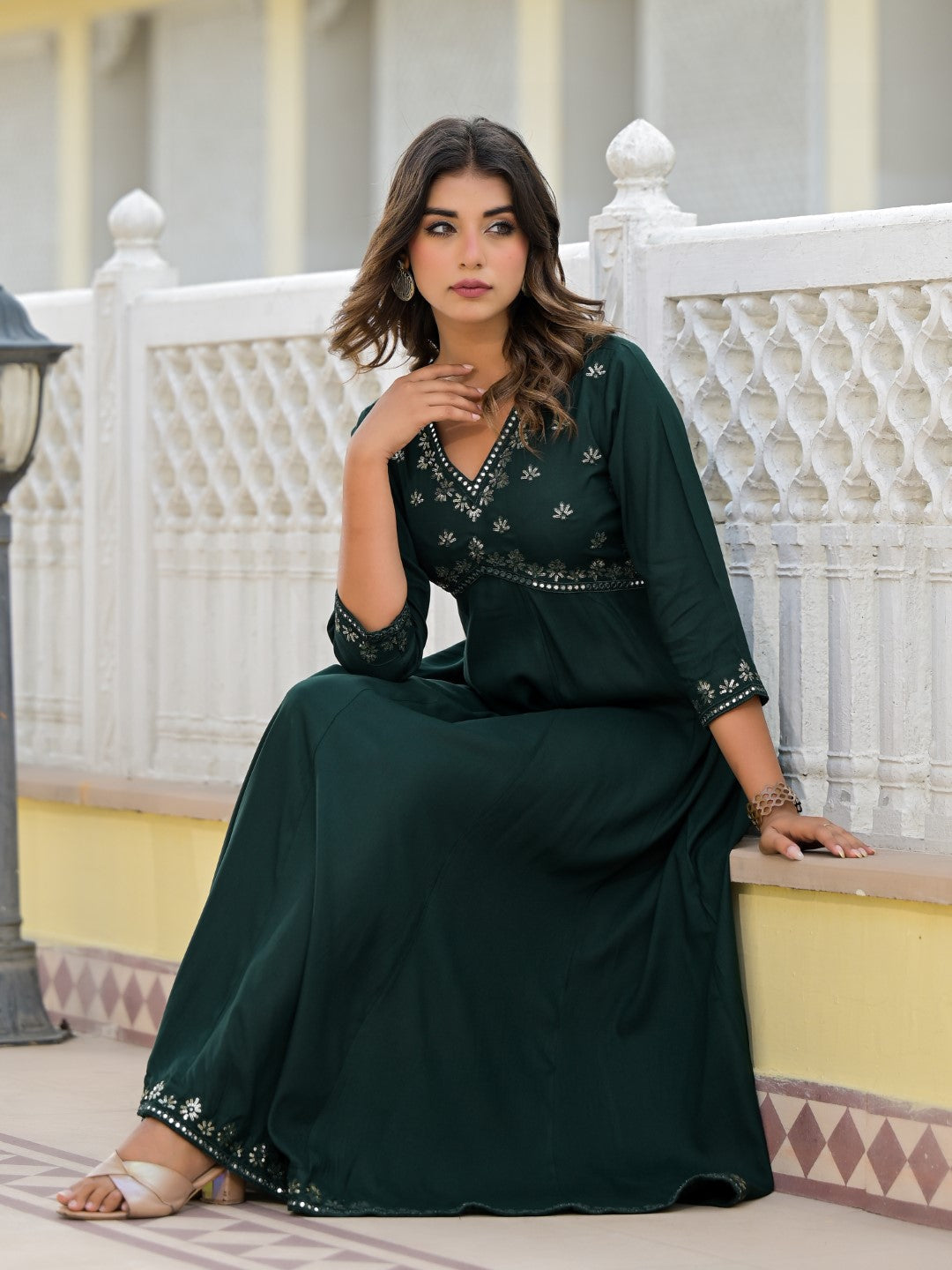 Juniper Women's Bottle Green Mirror Embroidered Liva Rayon Dress With Sequins - Distacart
