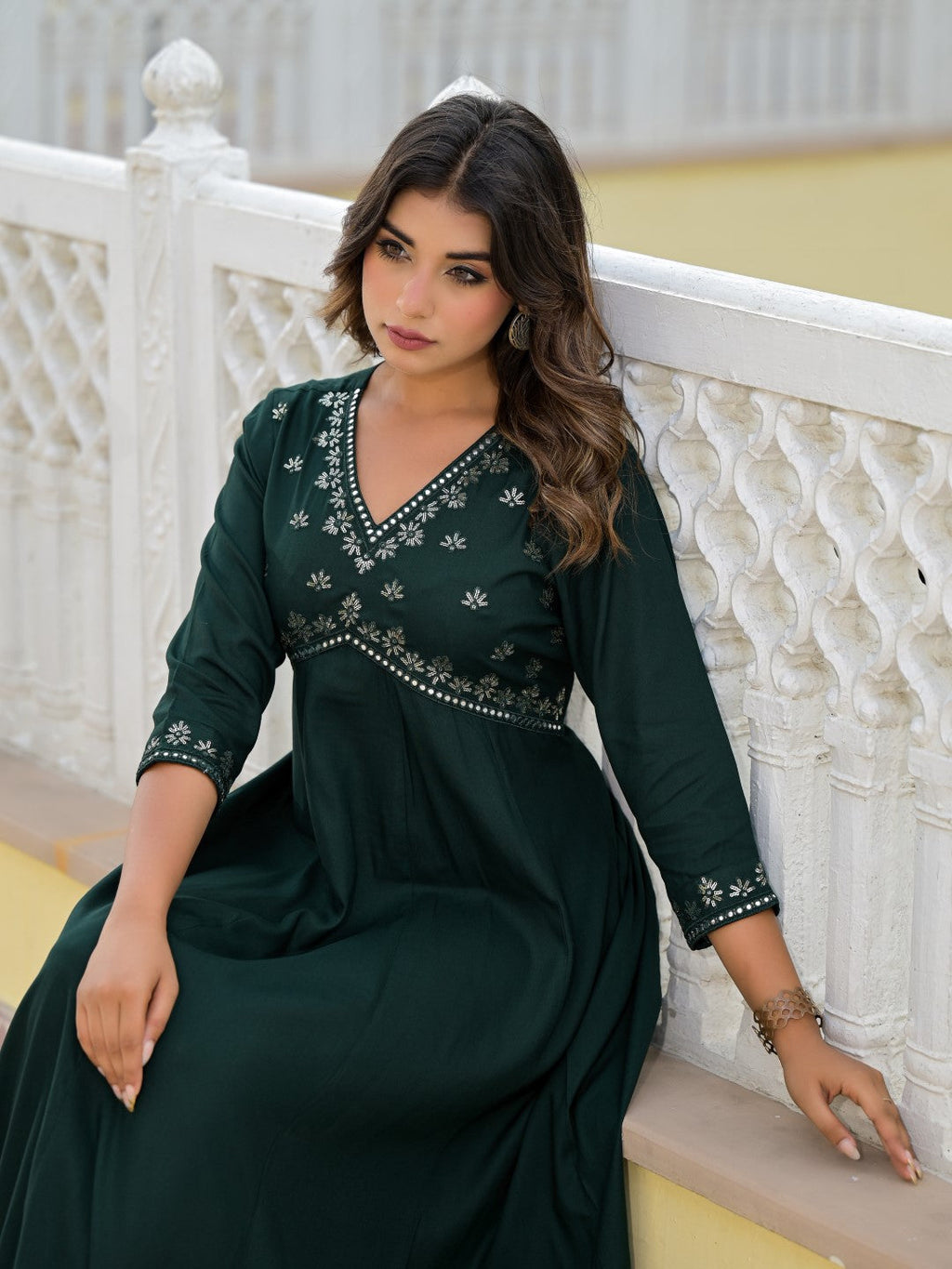Juniper Women's Bottle Green Mirror Embroidered Liva Rayon Dress With Sequins - Distacart