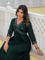 Juniper Women's Bottle Green Mirror Embroidered Liva Rayon Dress With Sequins - Distacart