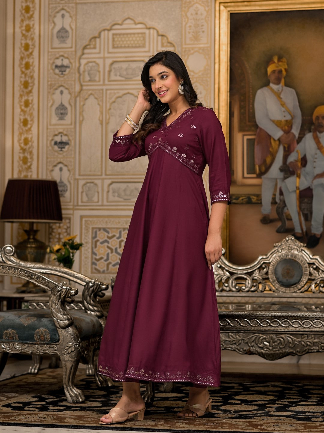 Juniper Women's Wine Mirror Embroidered Liva Rayon Dress For With Sequins - Distacart