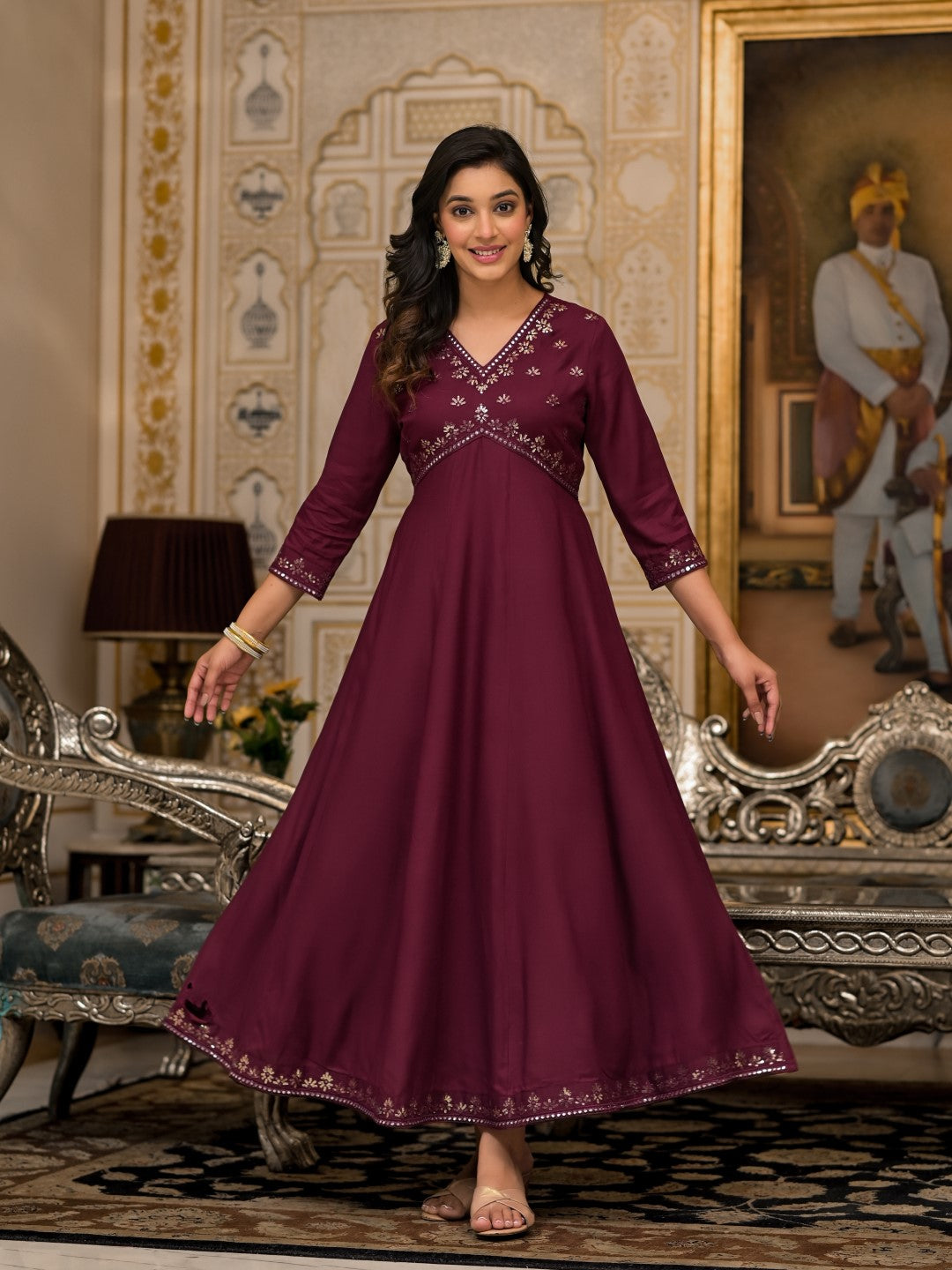 Juniper Women's Wine Mirror Embroidered Liva Rayon Dress For With Sequins - Distacart