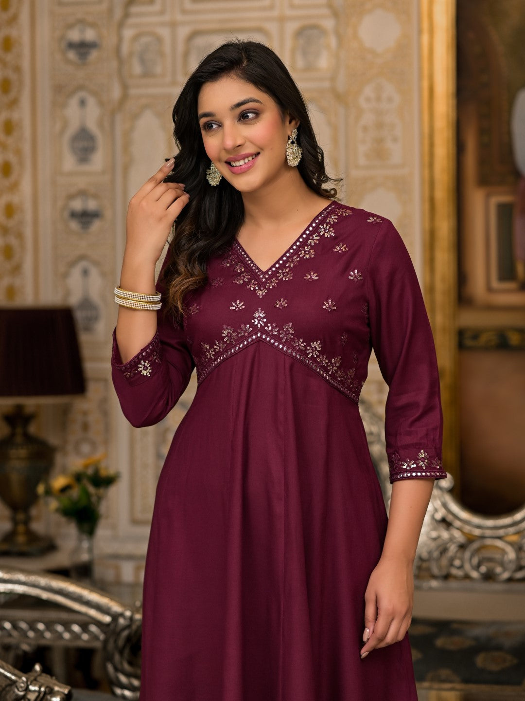 Juniper Women's Wine Mirror Embroidered Liva Rayon Dress For With Sequins - Distacart