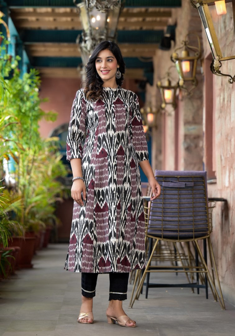 Juniper Women's Multi Color Ikat Printed Liva Rayon Kurta With Button Closure