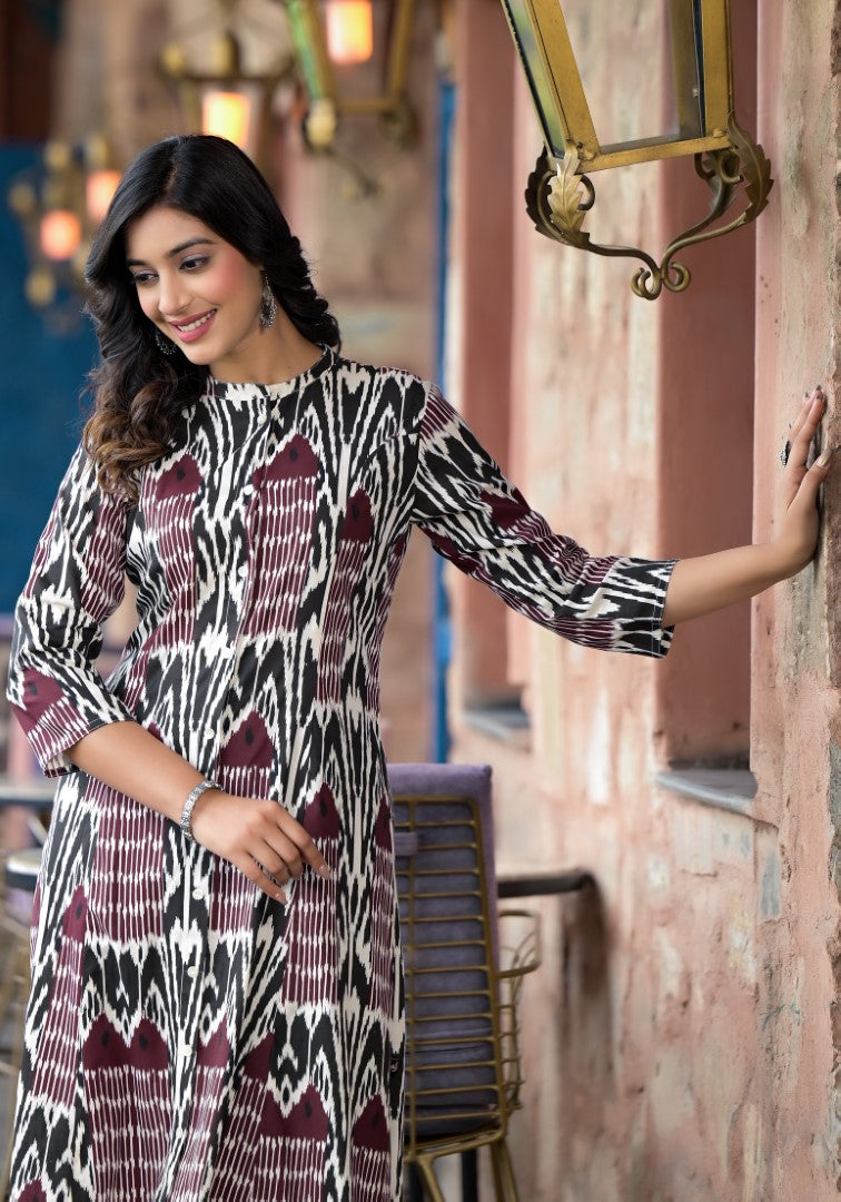 Juniper Women's Multi Color Ikat Printed Liva Rayon Kurta With Button Closure