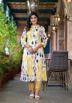 Juniper Women's Yellow Ikat Printed Liva Rayon Kurta With Button Closure