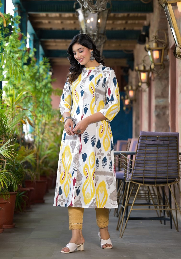 Juniper Women's Yellow Ikat Printed Liva Rayon Kurta With Button Closure