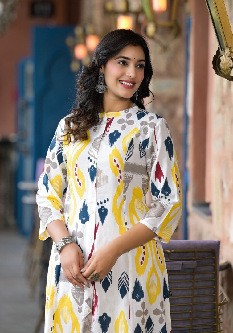 Juniper Women's Yellow Ikat Printed Liva Rayon Kurta With Button Closure