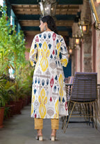 Juniper Women's Yellow Ikat Printed Liva Rayon Kurta With Button Closure