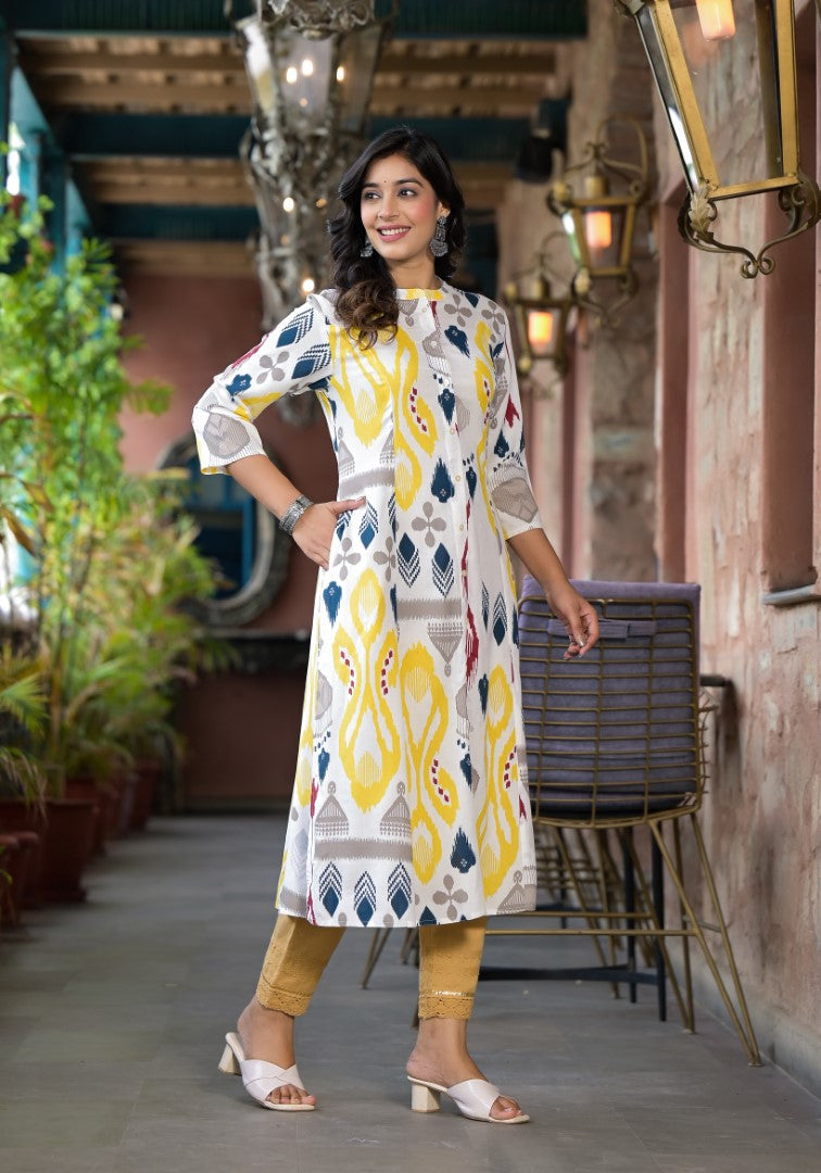 Juniper Women's Yellow Ikat Printed Liva Rayon Kurta With Button Closure