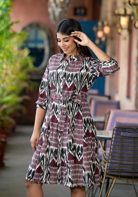 Juniper Women's Muti Color Ikat Printed Liva Rayon Dress With Tie-Ups & Button Closure