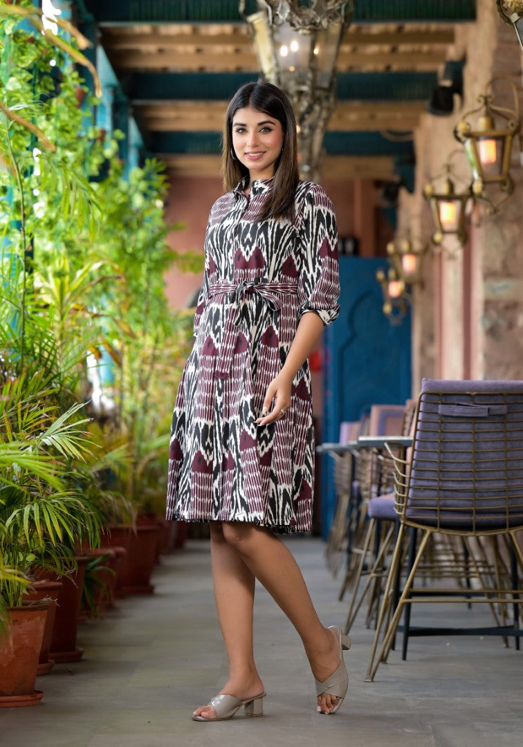 Juniper Women's Muti Color Ikat Printed Liva Rayon Dress With Tie-Ups & Button Closure - Distacart