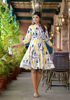 Juniper Women's Yellow Ikat Printed Liva Rayon Dress With Tie-Ups & Button Closure - Distacart