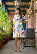 Juniper Women's Yellow Ikat Printed Liva Rayon Dress With Tie-Ups & Button Closure - Distacart