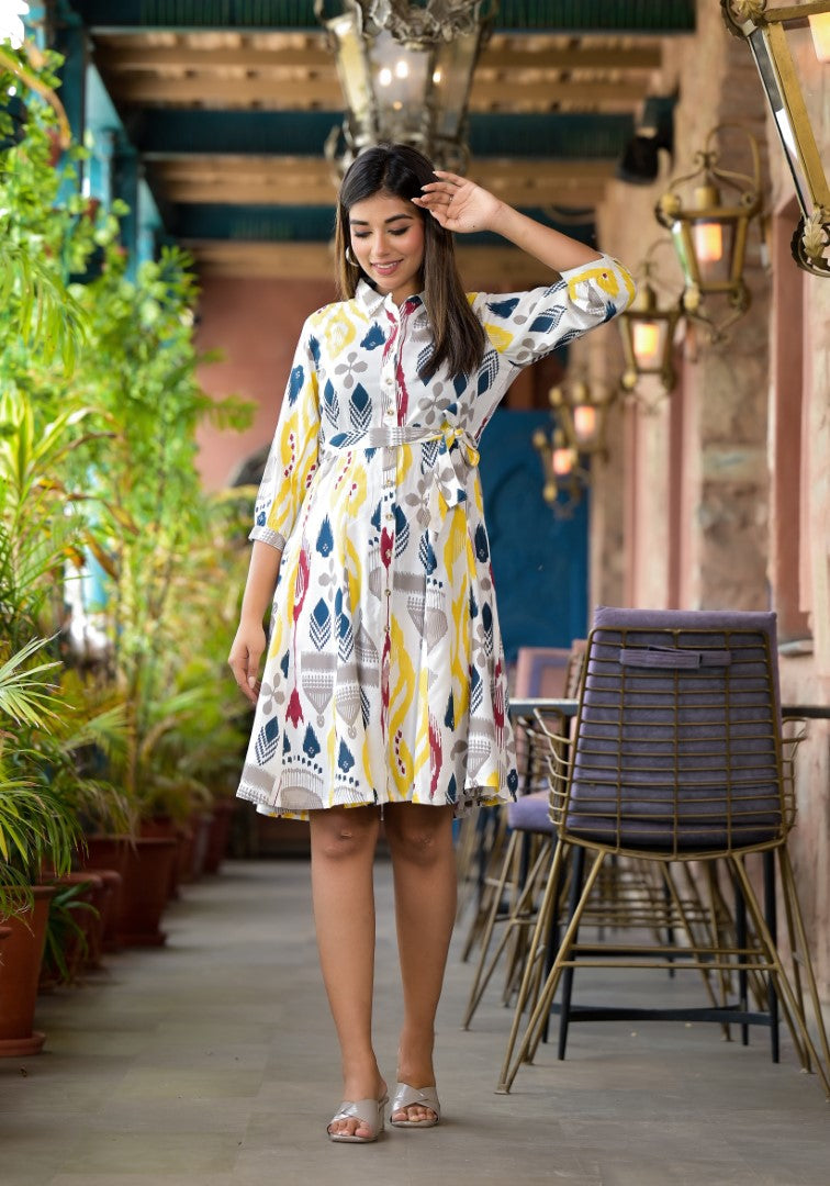 Juniper Women's Yellow Ikat Printed Liva Rayon Dress With Tie-Ups & Button Closure - Distacart