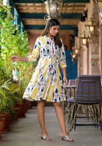 Juniper Women's Yellow Ikat Printed Liva Rayon Dress With Tie-Ups & Button Closure - Distacart