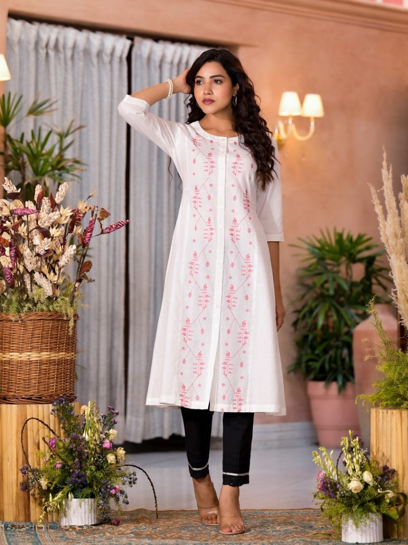 Juniper Women's White Thread Embroidered Cotton Kurta Set With Button Closure