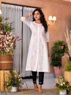 Juniper Women's White Thread Embroidered Cotton Kurta Set With Button Closure
