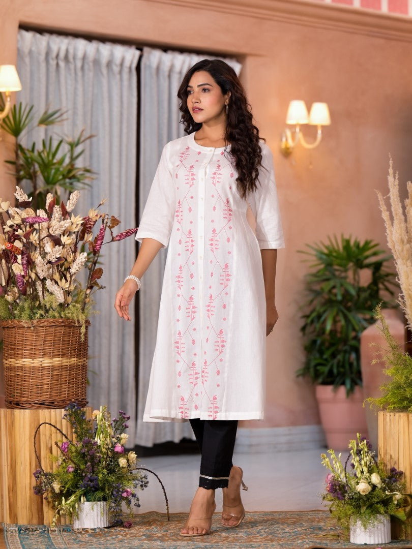 Juniper Women's White Thread Embroidered Cotton Kurta Set With Button Closure