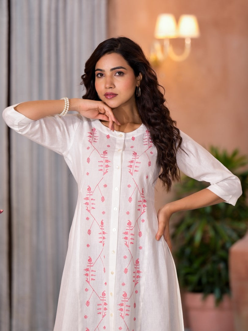 Juniper Women's White Thread Embroidered Cotton Kurta Set With Button Closure