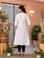Juniper Women's White Thread Embroidered Cotton Kurta Set With Button Closure