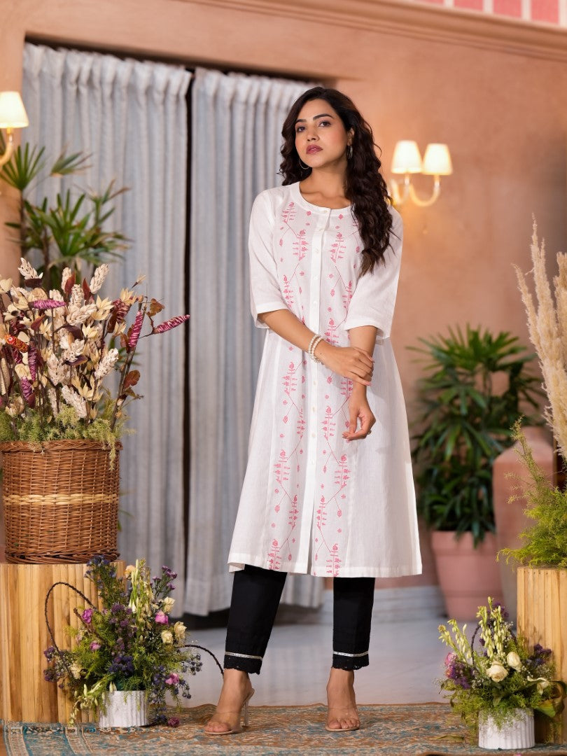 Juniper Women's White Thread Embroidered Cotton Kurta Set With Button Closure