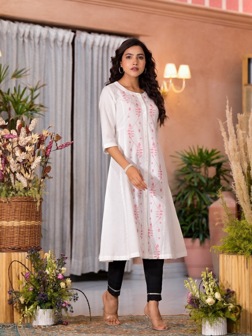 Juniper Women's White Thread Embroidered Cotton Kurta Set With Button Closure