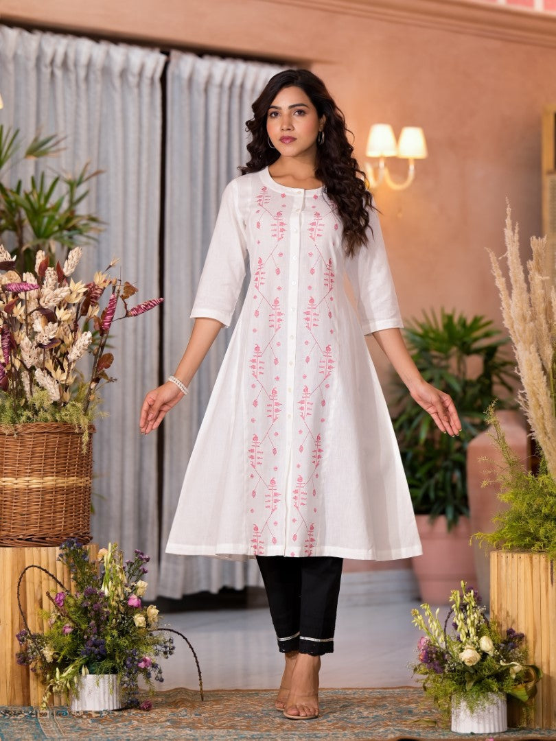 Juniper Women's White Thread Embroidered Cotton Kurta Set With Button Closure