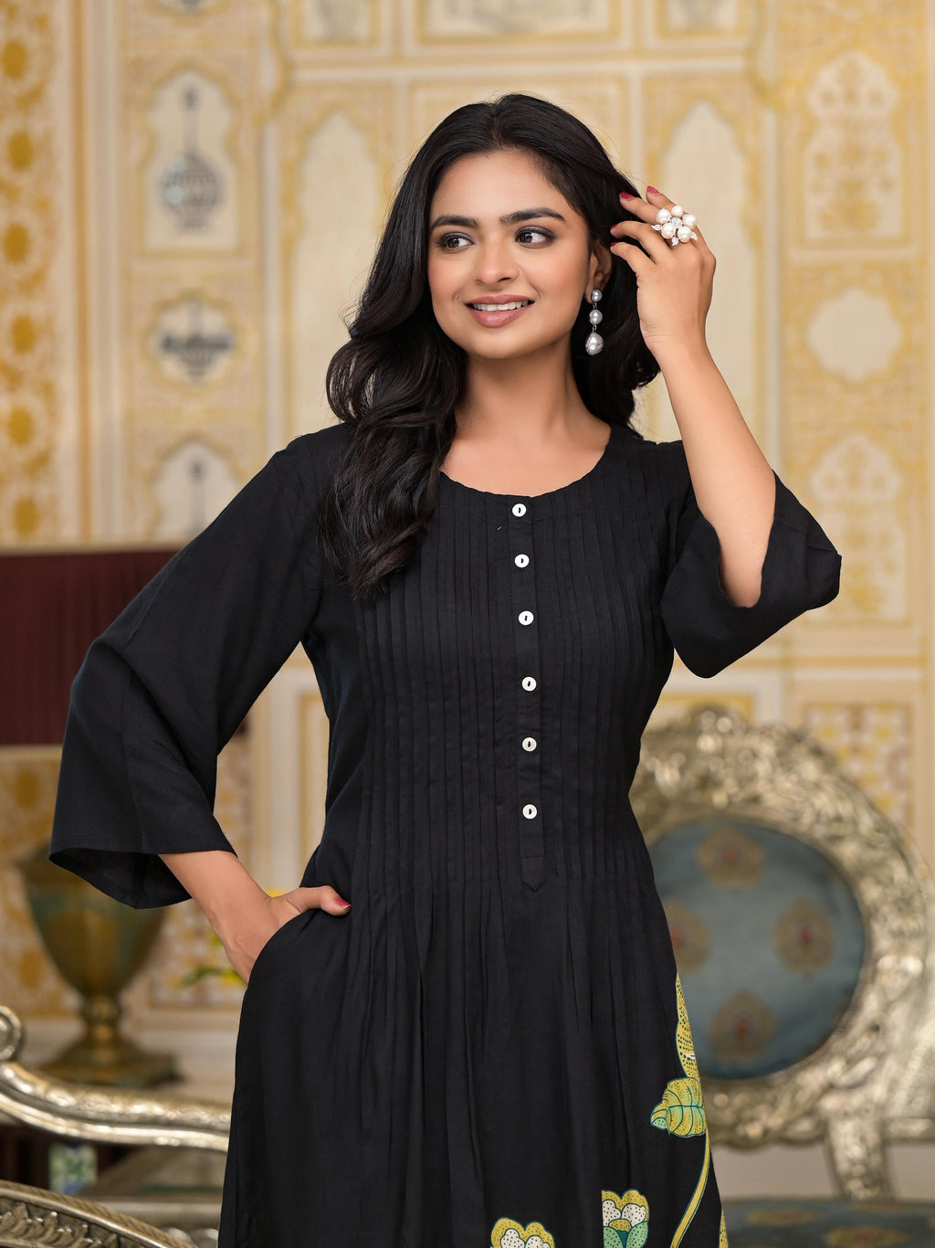 Juniper Women's Black Floral Printed Liva Rayon Kurta With Buttons