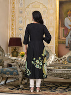 Juniper Women's Black Floral Printed Liva Rayon Kurta With Buttons