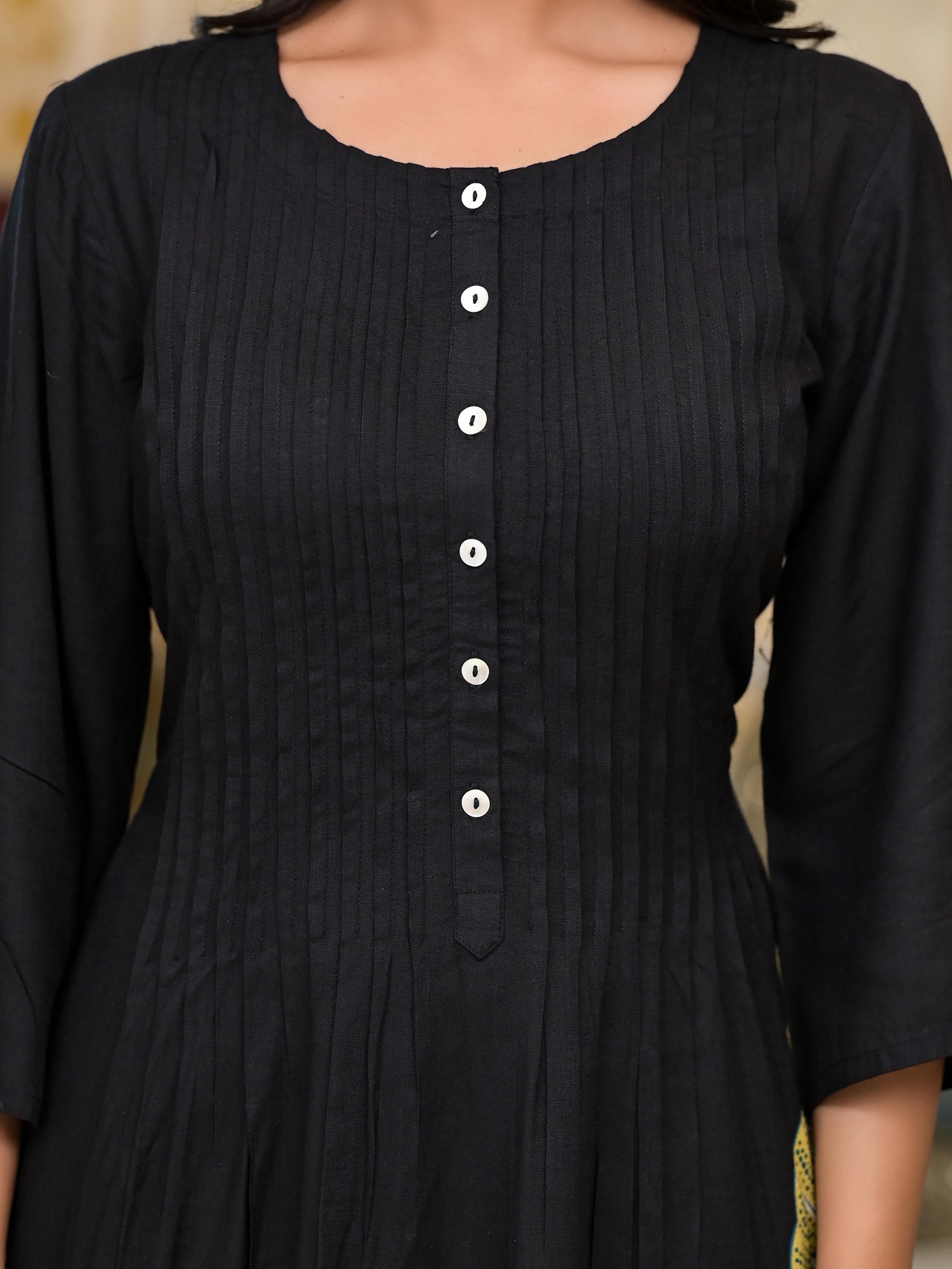Juniper Women's Black Floral Printed Liva Rayon Kurta With Buttons