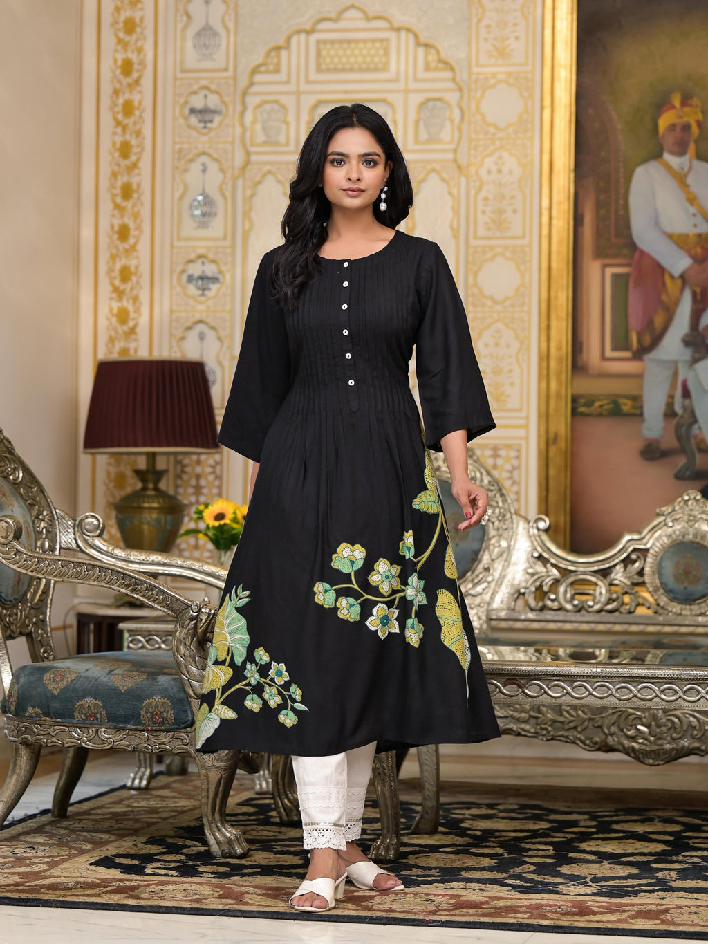 Juniper Women's Black Floral Printed Liva Rayon Kurta With Buttons