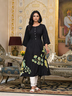 Juniper Women's Black Floral Printed Liva Rayon Kurta With Buttons