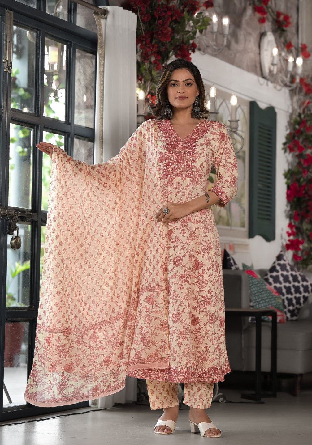 Juniper Women's Pink Floral Printed Rayon Kurta, Pant And Dupatta Set With Mirror & Thread Work