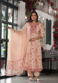Juniper Women's Pink Floral Printed Rayon Kurta, Pant And Dupatta Set With Mirror & Thread Work