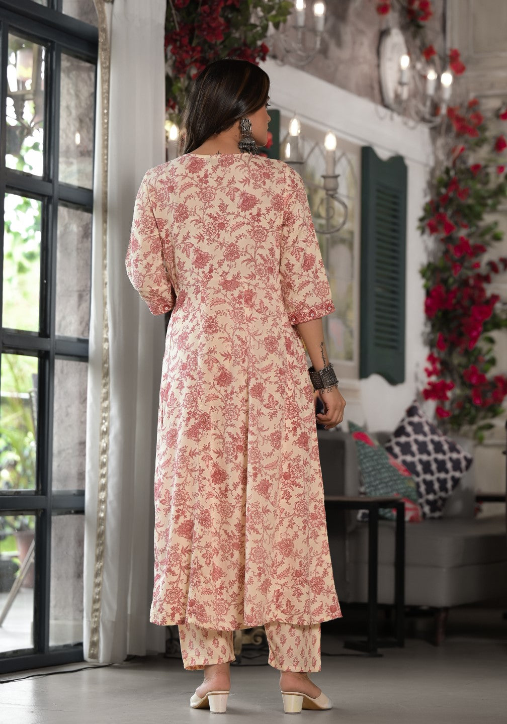 Juniper Women's Pink Floral Printed Rayon Kurta, Pant And Dupatta Set With Mirror & Thread Work