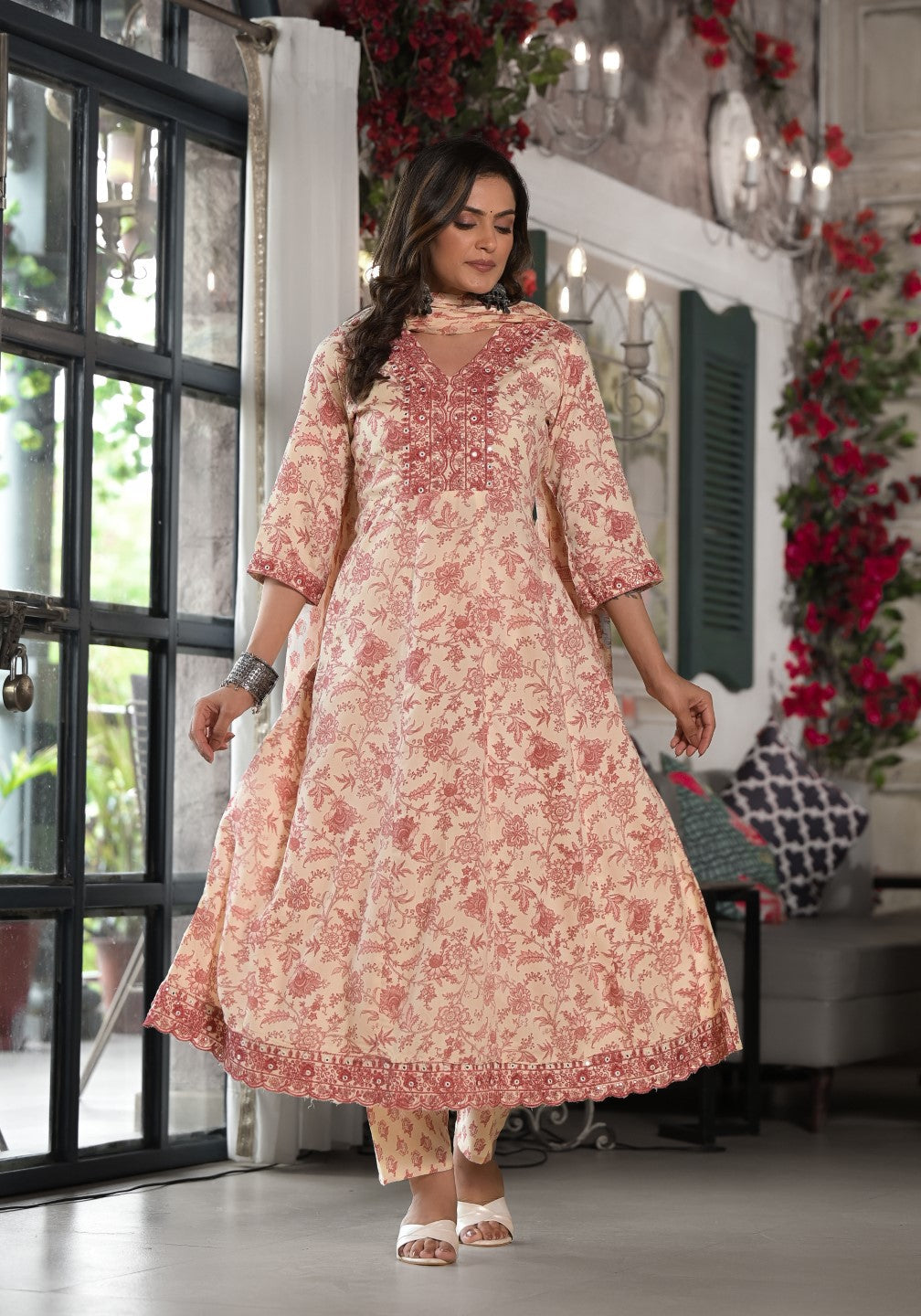 Juniper Women's Pink Floral Printed Rayon Kurta, Pant And Dupatta Set With Mirror & Thread Work