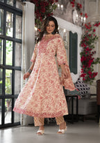 Juniper Women's Pink Floral Printed Rayon Kurta, Pant And Dupatta Set With Mirror & Thread Work