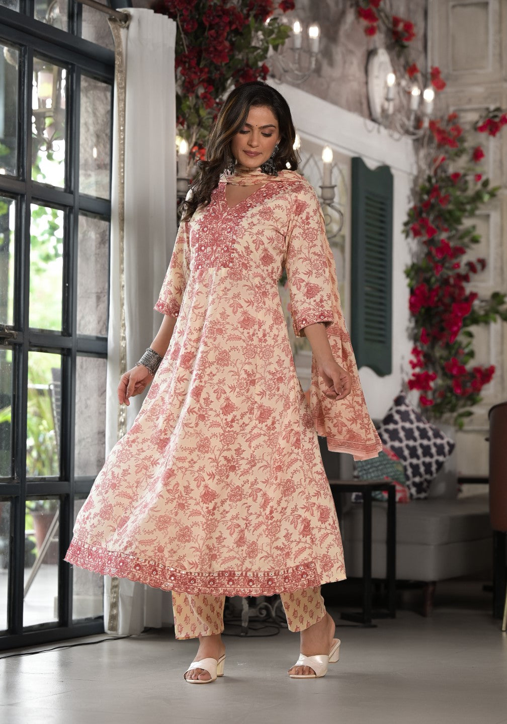 Juniper Women's Pink Floral Printed Rayon Kurta, Pant And Dupatta Set With Mirror & Thread Work