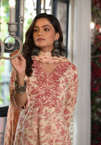 Juniper Women's Pink Floral Printed Rayon Kurta, Pant And Dupatta Set With Mirror & Thread Work