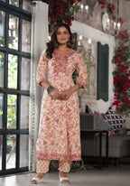 Juniper Women's Pink Floral Printed Rayon Kurta, Pant And Dupatta Set With Mirror & Thread Work
