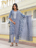 Juniper Women's Grey Ethnic Motif Printed Cotton Kurta, Pant And Dupatta Set With Thread & Zari Work