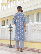 Juniper Women's Grey Ethnic Motif Printed Cotton Kurta, Pant And Dupatta Set With Thread & Zari Work