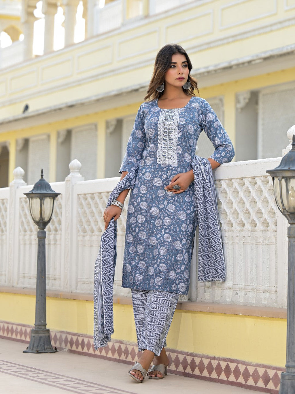 Juniper Women's Grey Ethnic Motif Printed Cotton Kurta, Pant And Dupatta Set With Thread & Zari Work