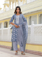 Juniper Women's Grey Ethnic Motif Printed Cotton Kurta, Pant And Dupatta Set With Thread & Zari Work