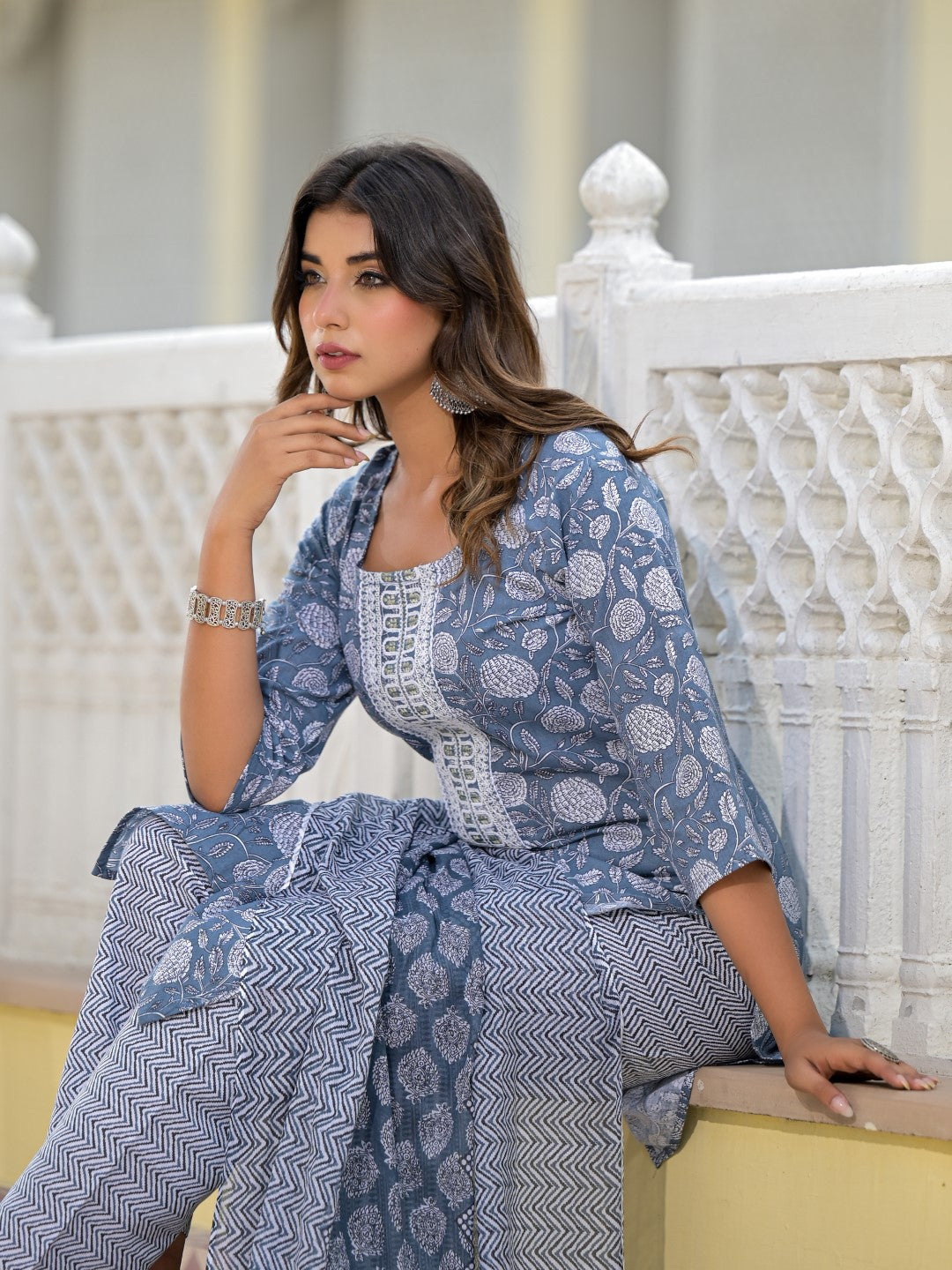 Juniper Women's Grey Ethnic Motif Printed Cotton Kurta, Pant And Dupatta Set With Thread & Zari Work