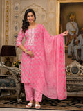 Juniper Women's Pink Ethnic Motif Printed Cotton Kurta, Pant And Dupatta Set With Thread And Mirror Work