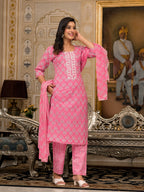 Juniper Women's Pink Ethnic Motif Printed Cotton Kurta, Pant And Dupatta Set With Thread And Mirror Work