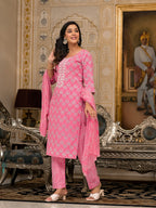 Juniper Women's Pink Ethnic Motif Printed Cotton Kurta, Pant And Dupatta Set With Thread And Mirror Work